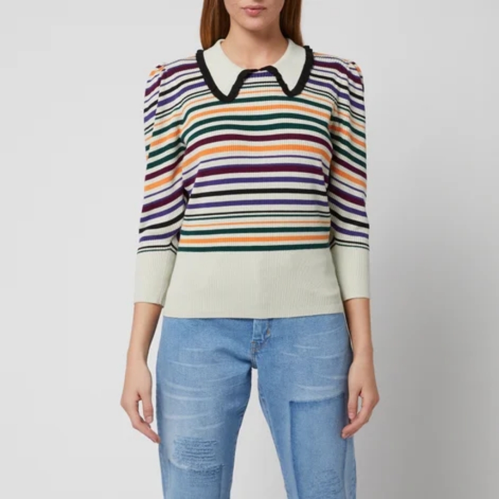 Munthe Cruz Striped Rib Knit Sweater Scallop Collar Puff Sleeve Top Size 6